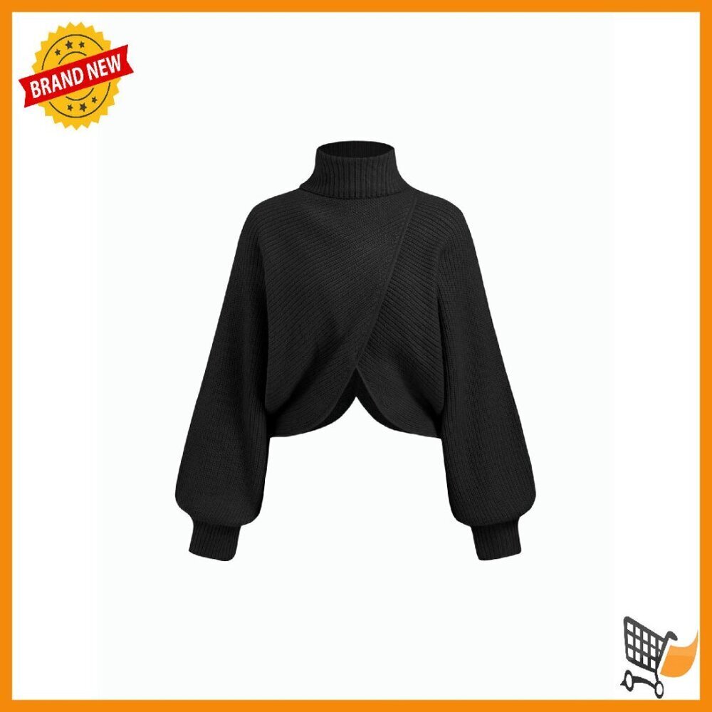 Cropped Turtleneck Sweater Ribbed Knit Lantern Sleeve Pullover Fall